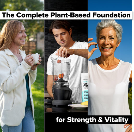 A collage shows a woman drinking from a mug, a man blending fruit, and an older woman smiling with a supplement, alongside the text: Complement COMPLEMENT® Plant–Based Essentials Stack – The Complete Plant-Based Foundation for Strength & Vitality.