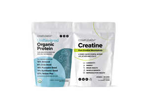 Two white, resealable pouches: one labeled “Unflavored Organic Protein” with blue designs, listing plant-based protein sources; the other labeled “Creatine” with green accents, highlighting benefits like longevity and brain health.