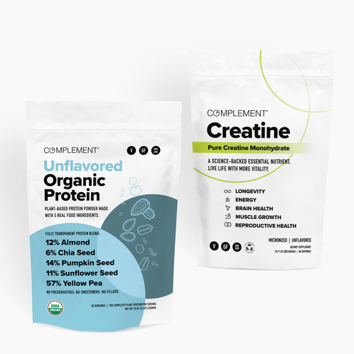 Two white bags labeled COMPLEMENT® Strongevity Stack by Complement feature minimalist designs: one highlights plant-based ingredients, the other promotes creatine’s benefits for energy and brain health.