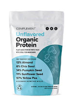 A white bag of Complement Unflavored Organic Protein powder, highlighting plant-based ingredients: 12% almond, 6% chia seed, 14% pumpkin seed, 11% sunflower seed, and 57% yellow pea. No sweeteners or fillers. 907g (2 lb) net weight.