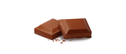 Two squares of broken chocolate with a few small chocolate crumbs scattered around, set on a white background.