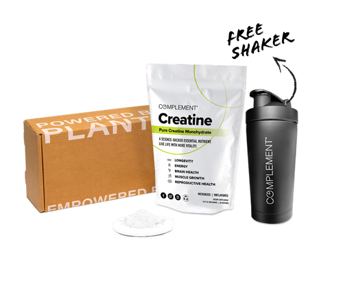 A brown Powered by Plants box, a white bag labeled Complement Creatine, a black shaker with Complement logo, and a small pile of white powder.