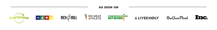 A collection of logos from different media outlets including Plantstrong, Forks Over Knives, Garden Plate, and others, under the heading As Seen On.