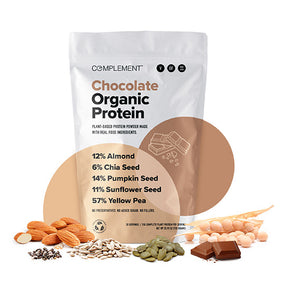 A bag of Complement Chocolate Organic Protein powder is surrounded by almonds, chia seeds, pumpkin seeds, sunflower seeds, and yellow peas. The bag highlights the protein content: 12% almond, 6% chia, 14% pumpkin, 11% sunflower, and 57% yellow pea.