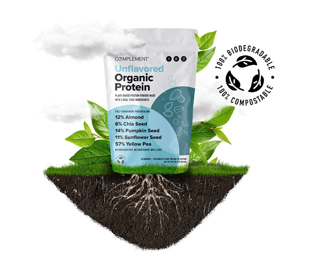 A pouch of Complement Unflavored Organic Protein with soil and plant roots underneath. The packaging highlights ingredients like almond, chia seed, pumpkin seed, sunflower seed, and yellow pea. Text reads 100% Biodegradable, 100% Compostable.