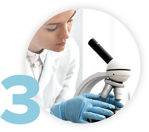 A scientist wearing a white lab coat and blue gloves examines a microscope. The number 3 is displayed prominently on the left side of the image.