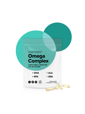 A white package labeled Omega Complex with three green circles overlapping it. It contains DHA, EPA, ALA, and SDA. Three soft gel capsules are beside the package, which is standing upright on a white surface.