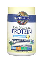 Image of a container of Garden of Life Raw Organic Protein in vanilla flavor. Label reads: Organic Plant Formula, Vegan, 22g Protein, 0g Sugar, Gluten Free, USDA Organic, Non-GMO Project Verified, 620g. Features a vanilla flower illustration.