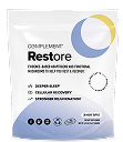 A white packet labeled Complement Restore with blue and yellow circular designs, advertising benefits like deeper sleep, cellular recovery, and stronger relaxation. The packet contains 30 single-servings.