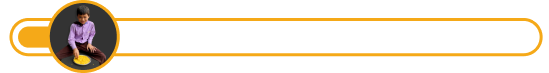 A person in a casual pose is inside a circular frame on the left side of a long, horizontal, yellow rectangle design. The background is a mix of dark tones.