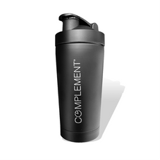 A matte black shaker bottle with a flip-top lid, featuring the word COMPLEMENT written vertically in white letters on the side, set against a white background.