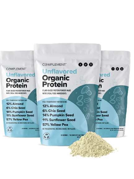 Three bags of Unflavored Organic Protein are displayed, featuring details about the products plant-based ingredients such as almond, chia seed, pumpkin seed, sunflower seed, and yellow pea. A small pile of the protein powder is in front.
