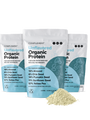 Three bags of Unflavored Organic Protein are displayed, featuring details about the products plant-based ingredients such as almond, chia seed, pumpkin seed, sunflower seed, and yellow pea. A small pile of the protein powder is in front.
