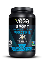 A black container of Vega Sport Premium Protein, vanilla flavored. The label shows it is plant-based, NSF certified, with 30g of protein, 5g BCAAs, and 28g probiotics per serving. The design includes a vanilla flower image.