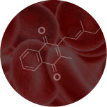 A circular image displaying a faded chemical structure overlay on a background of red blood cells.