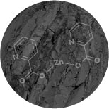 A grayscale image showing a textured, rough surface with a chemical structure diagram overlayed. The chemical structure features a zinc atom connected to two organic molecules, each containing nitrogen and oxygen atoms.