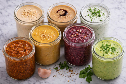 Collection of 7 glass jars with oil free dressings. 
