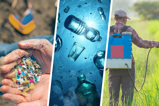 Three photos, containing microplastics in a hand, plastic bottles in water, and someone spraying a field