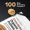 A spoonful of chocolate protein powder rests on a black surface beside a Complement Chocolate Organic Protein pouch. Text reads “100 Day Money-Back Guarantee.”.