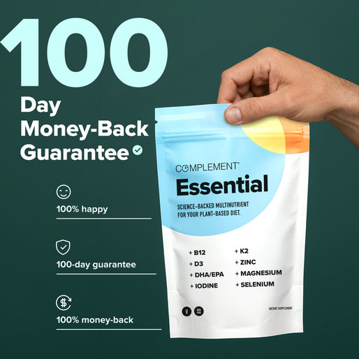 A hand holds a pouch of Complement Essential multivitamins against a teal background. Large text reads 100 Day Money-Back Guarantee, with icons for 100% happy, 100-day guarantee, and 100% money-back.