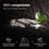 A compostable wrapper partially buried in soil with a small plant sprouting nearby. Text explains the package is 100% compostable and details its composting benefits in three illustrated steps.