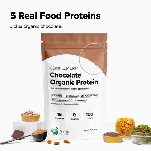 A bag of Complement Chocolate Organic Protein is surrounded by bowls of plant-based ingredients like seeds, nuts, and chocolate chips. Text highlights 5 Real Food Proteins and product details.