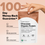 A hand holds a bag of Complement Chocolate Organic Protein against a peach background. Text highlights a 100-day money-back guarantee, 100% happiness, 15g plant protein, and 100 calories per serving.