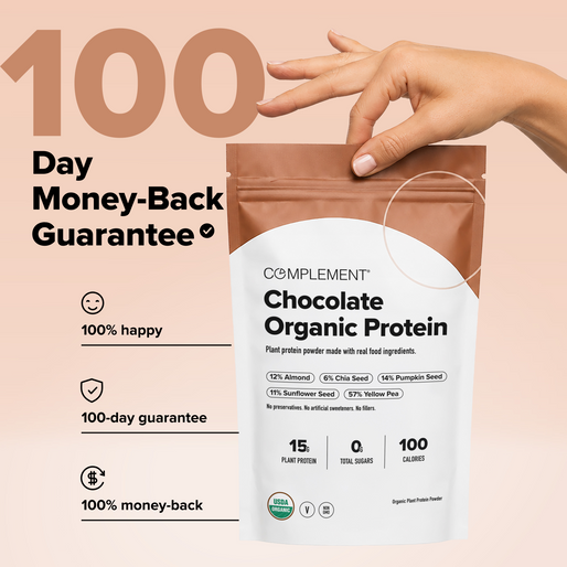 A hand holds a bag of Complement Chocolate Organic Protein against a peach background. Text highlights a 100-day money-back guarantee, 100% happiness, 15g plant protein, and 100 calories per serving.
