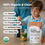 A child scoops chocolate protein powder into a blender jar. The image lists ingredients with percentages and highlights that the protein is 100% organic and USDA certified. An adult stands beside the child, partially visible.