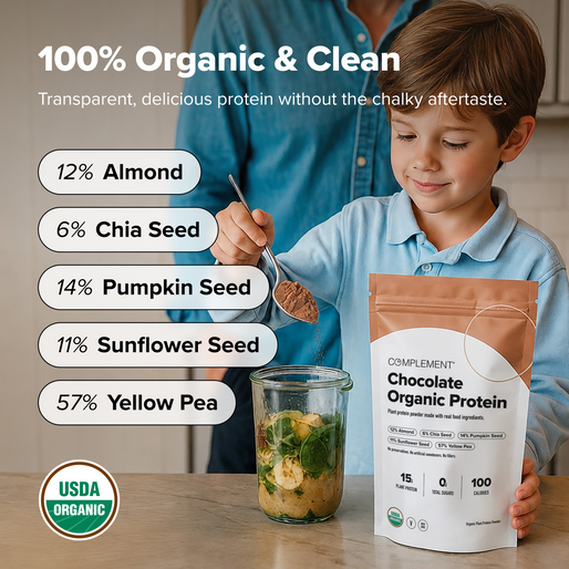 A child scoops chocolate protein powder into a blender jar. The image lists ingredients with percentages and highlights that the protein is 100% organic and USDA certified. An adult stands beside the child, partially visible.