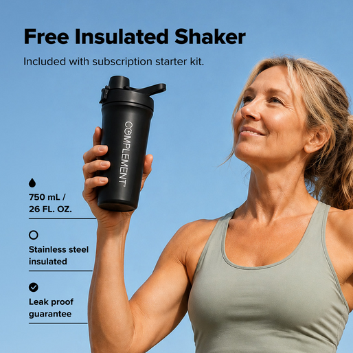 Smiling woman in a tank top holds up a black insulated shaker bottle outdoors. Text highlights features: 750 mL/26 fl. oz., stainless steel, leak proof, and notes its included with a subscription starter kit.