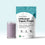 A glass of purple smoothie sits next to a Complement Unflavored Organic Protein powder bag. The bag highlights its plant-based ingredients and nutrition facts: 15g protein, 0g sugar, and 85 calories per serving.