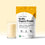 A glass of vanilla protein shake stands beside a yellow and white bag labeled Complement Vanilla Organic Protein, featuring ingredient and nutritional info on a white background.
