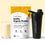 A glass of vanilla protein shake sits next to a Complement Vanilla Organic Protein powder bag and a black shaker bottle on a light surface with a yellow background accent.