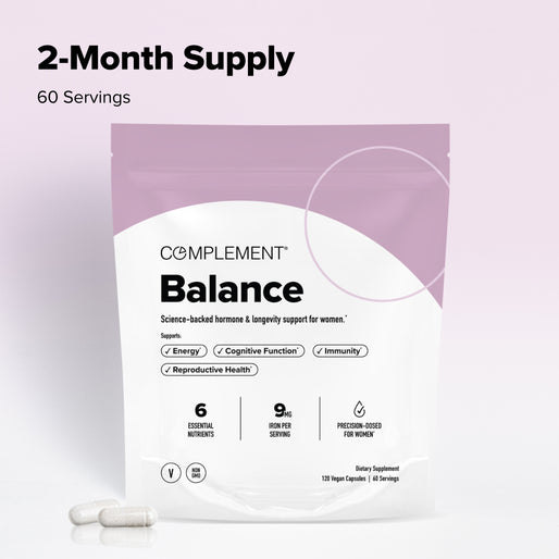 A white and lavender pouch labeled Complement Balance with two capsules beside it. The text highlights it as a 2-month supply supplement for womens hormone and immunity support, containing 60 servings.