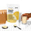 A bag of Complement Vanilla Organic Protein powder is displayed next to a glass of protein shake, a scoop of powder, and a black spoon. A cardboard box is in the background on a white surface with black dots.