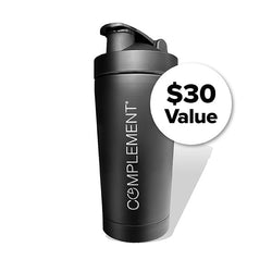 A black Complement branded shaker bottle with a flip-top lid is shown against a white background. A circular badge on the right side reads $30 Value.
