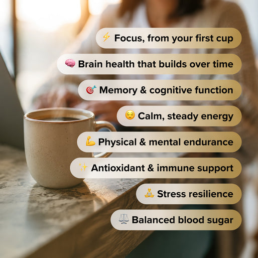 A mug of coffee sits on a table next to a laptop, with benefits of coffee listed: focus, brain health, memory, energy, endurance, antioxidant support, stress resilience, and balanced blood sugar.