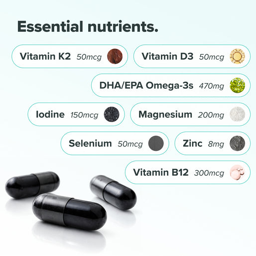 Image listing essential nutrients and their amounts: Vitamin K2 50mcg, Vitamin D3 50mcg, DHA/EPA Omega-3s 470mg, Iodine 150mcg, Magnesium 200mg, Selenium 50mcg, Zinc 8mg, Vitamin B12 300mcg. Three black capsules are shown.