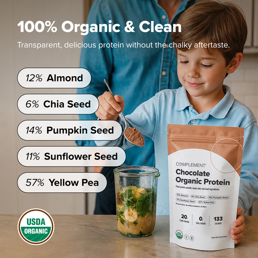 A person scoops chocolate organic protein powder into a blender jar with fruit. Text shows ingredient percentages: almond, chia seed, pumpkin seed, sunflower seed, and yellow pea. USDA Organic label visible.