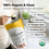 A person scoops powder from a yellow and white Complement Vanilla Organic Protein bag. Nutrition highlights and ingredient percentages are shown, alongside a USDA Organic logo.