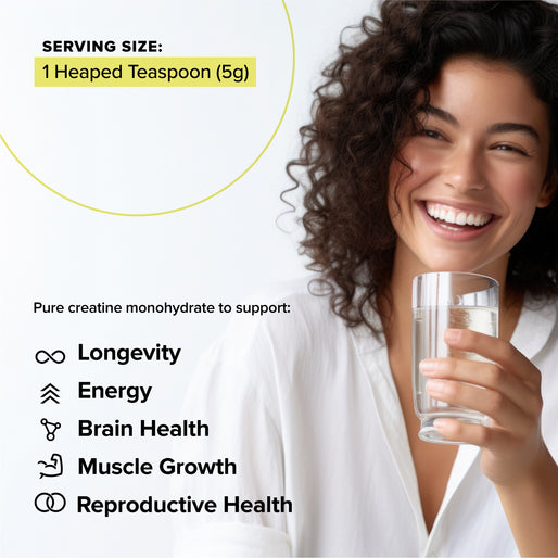 Smiling woman holding a glass of water. Text highlights a serving size of 1 heaped teaspoon (5g) of pure creatine monohydrate to support longevity, energy, brain health, muscle growth, and reproductive health.