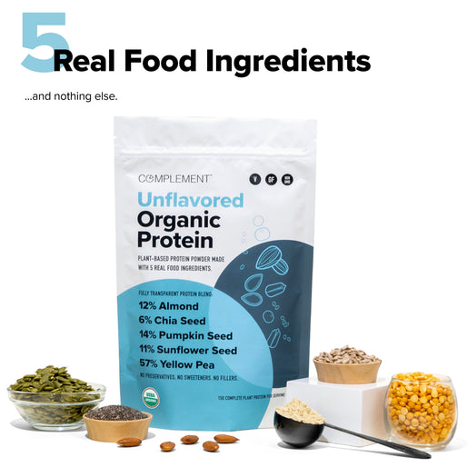 A bag of Complement Unflavored Organic Protein powder stands surrounded by bowls of chia seeds, sunflower seeds, pumpkin seeds, yellow peas, and a scoop of protein powder. Text reads 5 Real Food Ingredients... and nothing else.