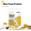 A bag of Complement Vanilla Organic Protein powder is surrounded by bowls of almonds, chia seeds, pumpkin seeds, sunflower seeds, yellow peas, vanilla beans, and a small pile of the protein powder. Text highlights the ingredients.