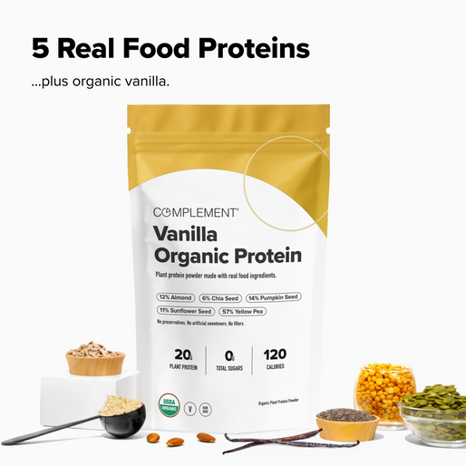 A bag of Complement Vanilla Organic Protein powder is surrounded by measured ingredients: almonds, chia seeds, sunflower seeds, pumpkin seeds, and peas. Text highlights 5 Real Food Proteins and nutritional information.