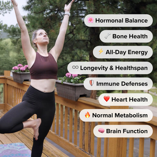 A woman practices yoga outdoors on a wooden deck. Text bubbles list health benefits: hormonal balance, bone health, energy, longevity, immune defense, heart health, metabolism, and brain function.
