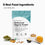 A bag of Complement Unflavored Organic Protein surrounded by bowls of almonds, chia seeds, pumpkin seeds, sunflower seeds, and yellow peas. Text highlights 5 Real Food Ingredients and nutritional info.