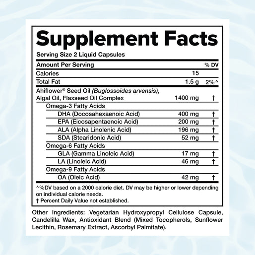 Supplement Facts label for a dietary supplement with serving size, calorie info, ingredients like Ahiflower® Seed Oil, Omega-3 and Omega-6 fatty acids, and a list of nutrient amounts per serving.