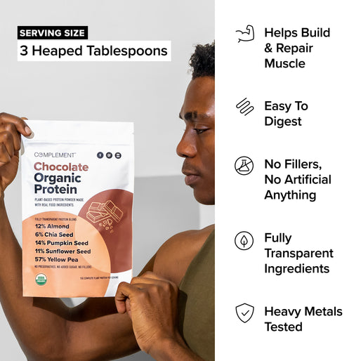 A man holds a bag of Complement Chocolate Organic Protein powder. Text highlights features: 3 heaped tablespoon serving, helps build muscle, easy to digest, no fillers, transparent ingredients, and heavy metals tested.