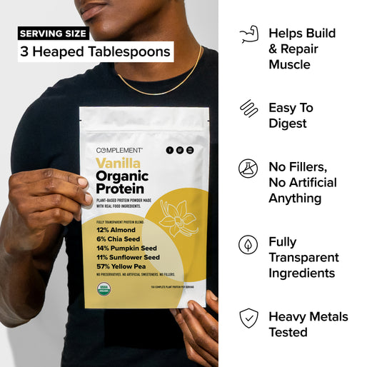 A person holds a bag of Complement Vanilla Organic Protein. Text highlights serve size as 3 heaped tablespoons and features like muscle support, easy digestion, no fillers, transparent ingredients, and heavy metals testing.